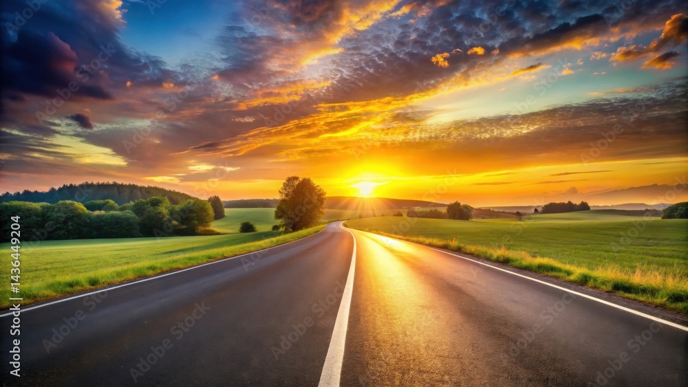 Naklejka premium Asphalt road curving gently through vibrant green fields towards a breathtaking sunset, bathed in golden light and dramatic clouds