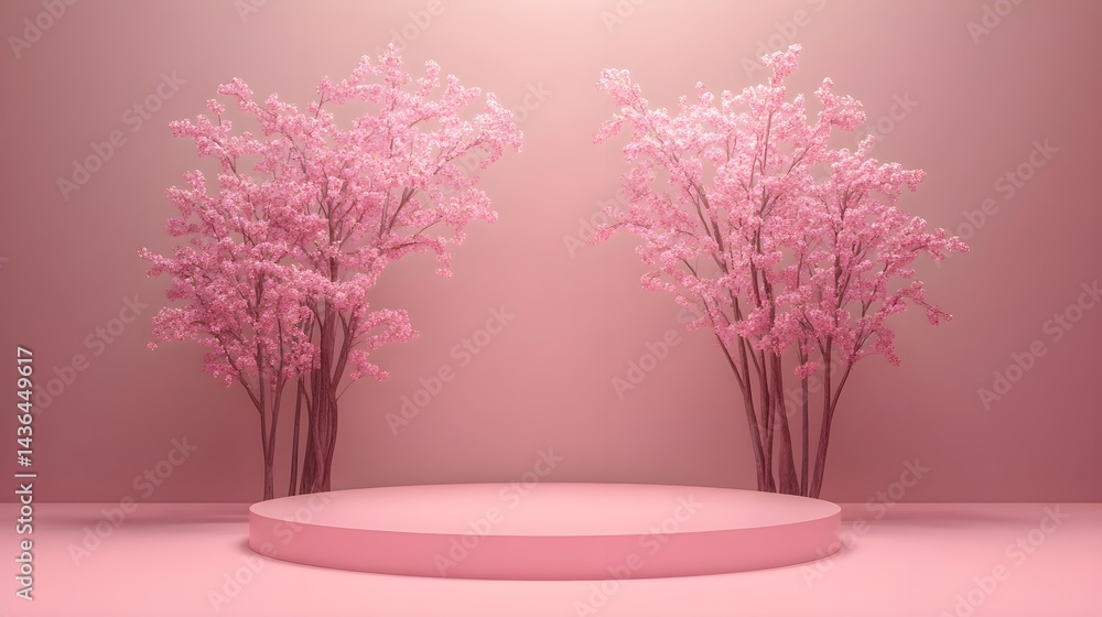 Obraz premium Minimal Pink Background with Podium and Cherry Blossom Trees