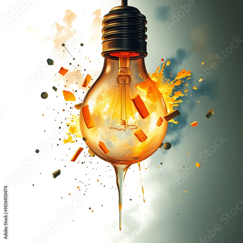 A vintage-style bulb caught mid-shatter,with glowing fragments surrounded by a storm of abstract explosions