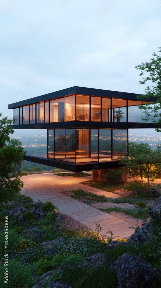 Fototapeta premium Modern House on Hilltop at Dusk