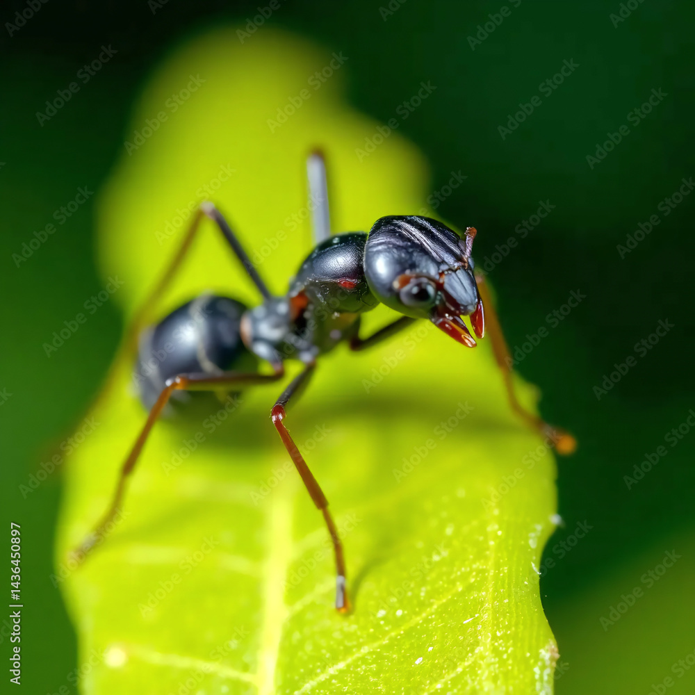 Macro shot of a single black ant on a leaf Macro shot of a single black ant on a leaf