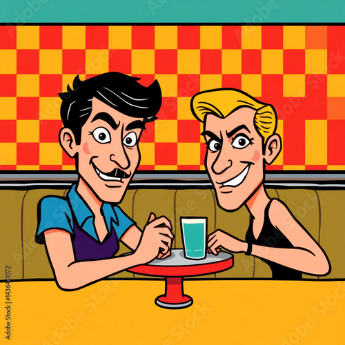 Stylized depiction of a couple at dinner,each in bold,contrasting colors,their faces aniamted with exxagerated expressions