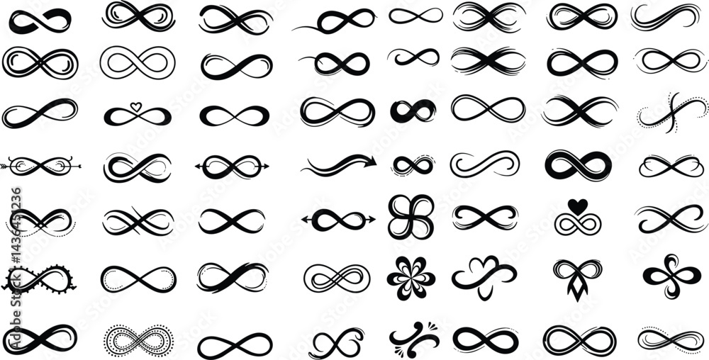 Fototapeta premium Infinity symbols collection, black infinity vector illustrations on white background