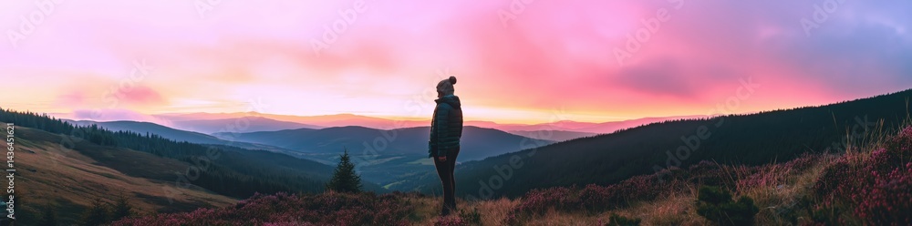 Fototapeta premium Happy woman standing with her back on sunset in nature . Panoramic view of a colorful sunset created by ai