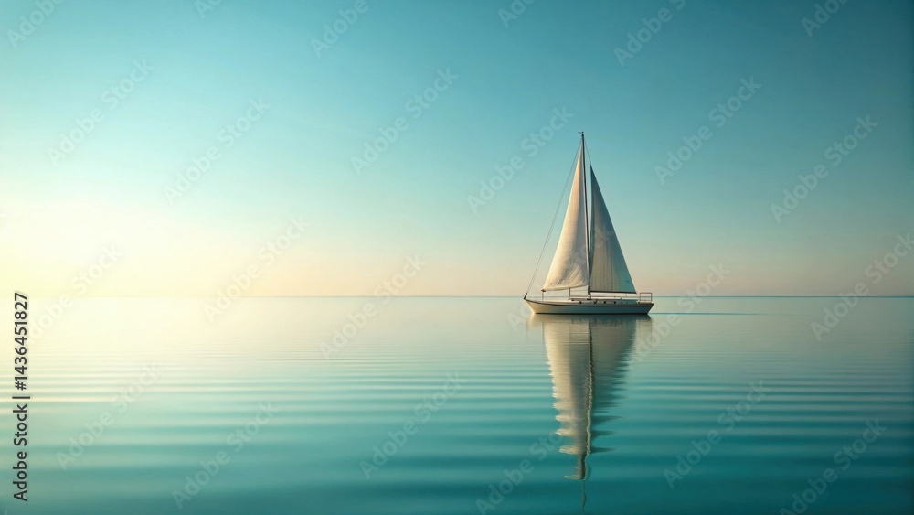 Obraz premium Serene Sailboat Gliding Across Tranquil Waters at Dawn, a Peaceful and Solitary Voyage on the Open Ocean
