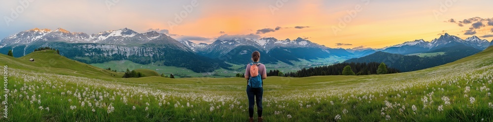 Fototapeta premium Happy woman standing with her back on sunset in nature . Panoramic view of a colorful sunset created by ai