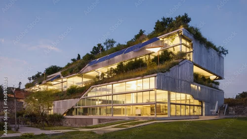 Modern sustainable building with green roofs. Modern sustainable building with green roofs.