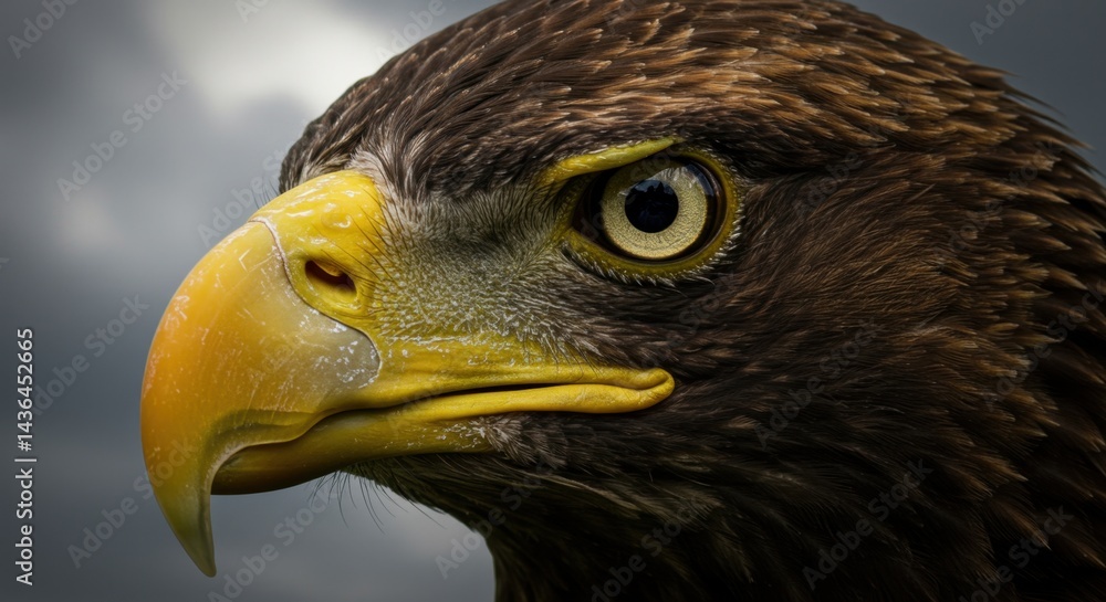 Fototapeta premium Close-Up of an Eagle's Face with Bright Yellow Hooked Beak and Sharp Fierce Eye