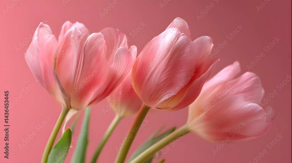 Fototapeta premium Delicate Pink Tulips with Velvety Petals Against a Soft Pink Background