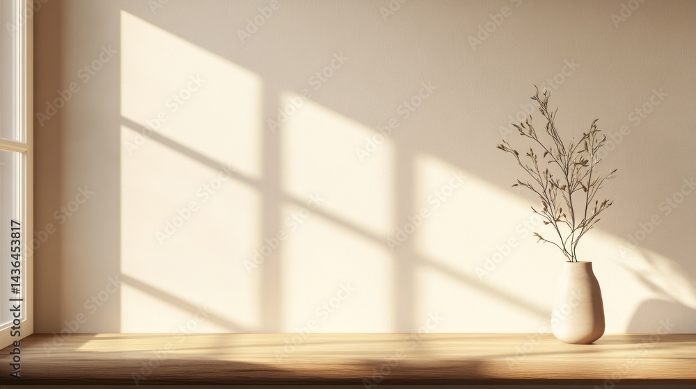Warm sunlight casts soft shadows on a light beige wall near a window sill. Warm sunlight casts soft shadows on a light beige wall near a window sill.