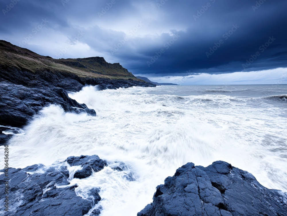 Fototapeta premium Powerful waves crash against dark rocks on a stormy coast