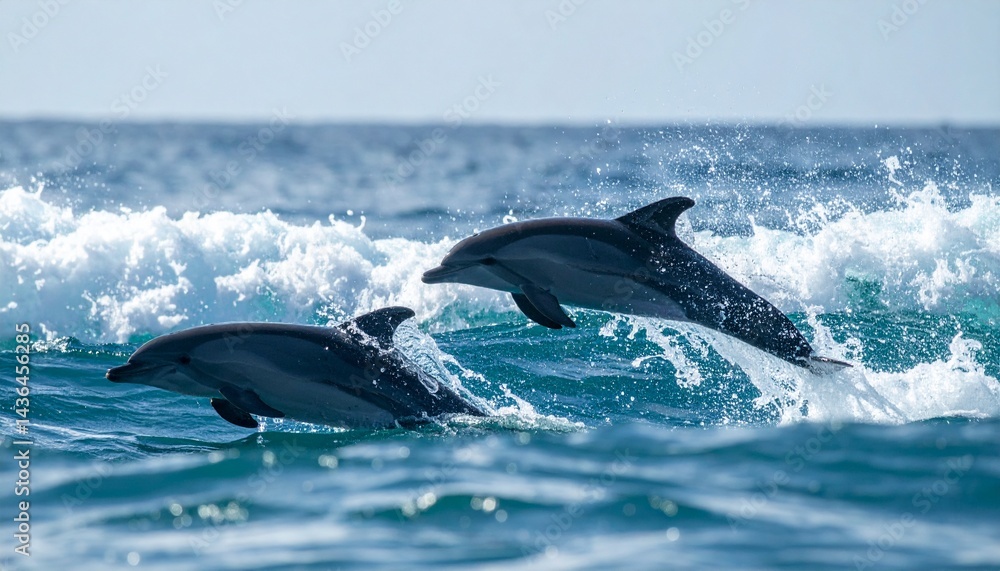 Fototapeta premium Playful dolphins jumping over breaking waves, close up 