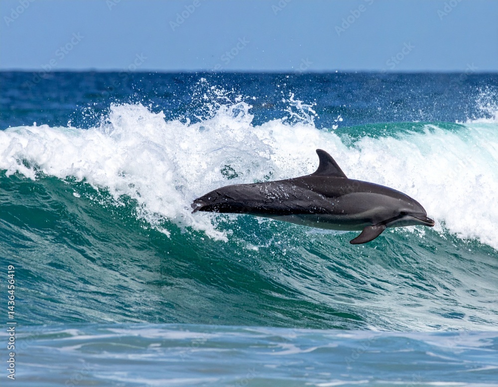 Fototapeta premium Playful dolphins jumping over breaking waves, close up 