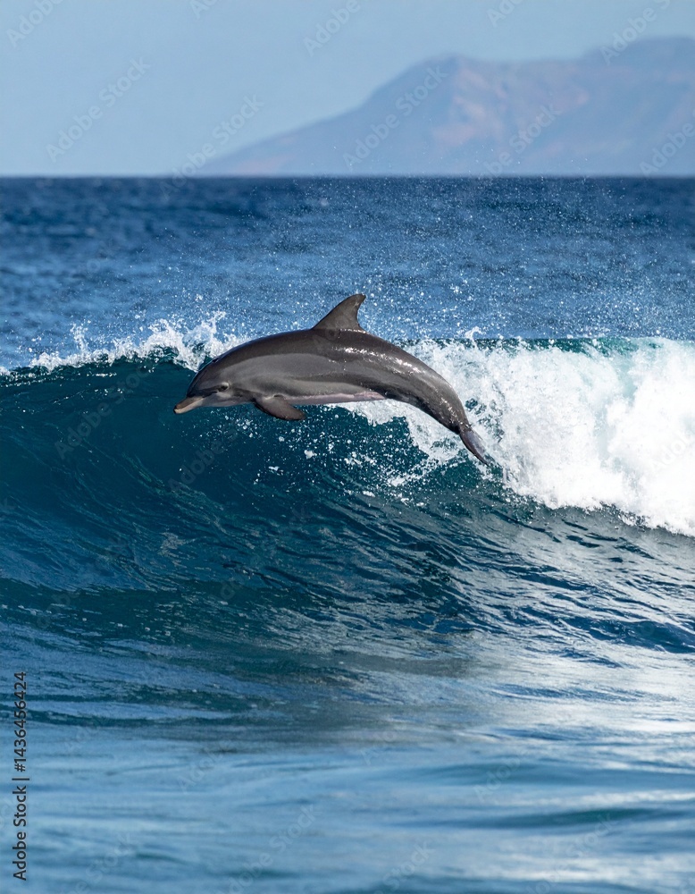 Fototapeta premium Playful dolphins jumping over breaking waves, close up
