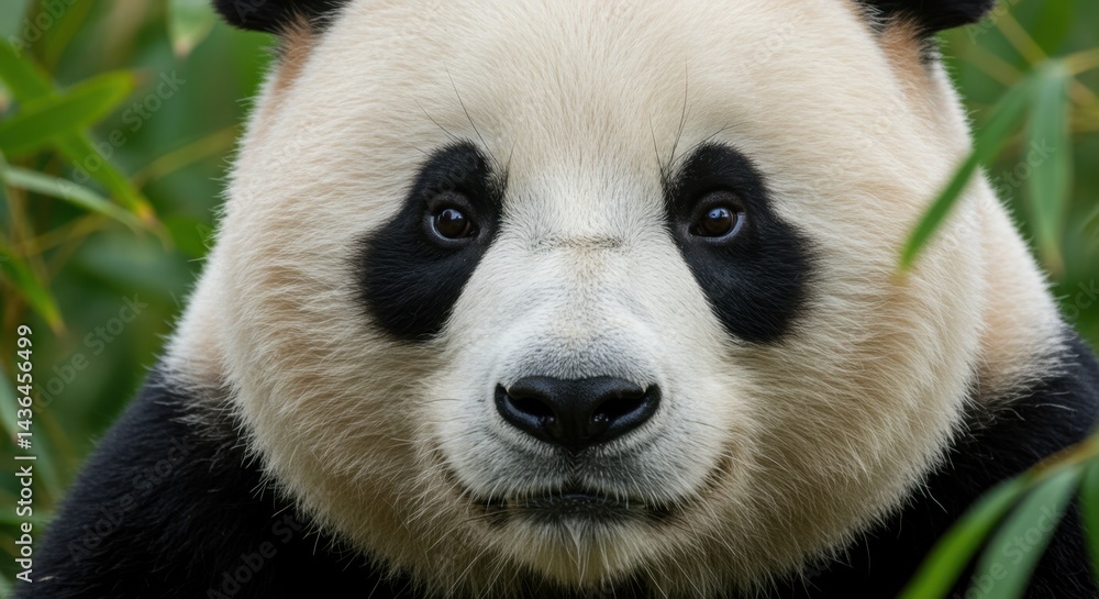 Naklejka premium Close-Up of a Panda's Face with Striking Black Eye Patches