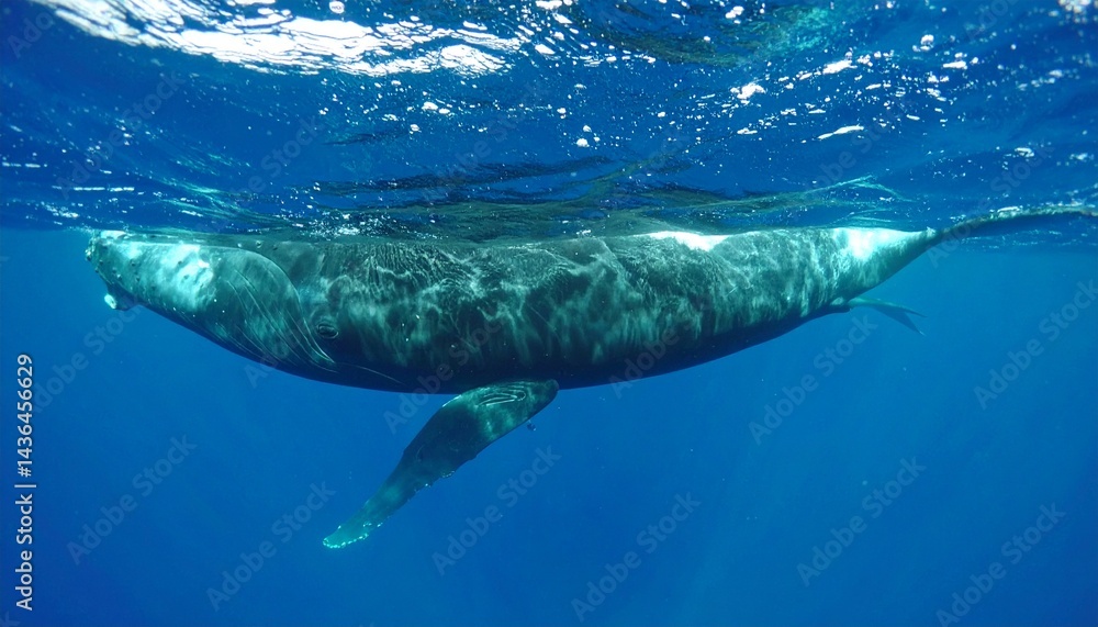 Naklejka premium several whales swimming deep under water, close up