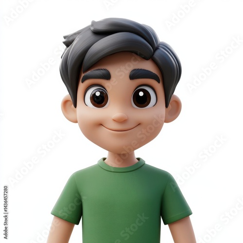 Happy 3D Arab man in a green T-shirt, with big eyes and short black hair, looking at the viewer. Casual front view on a white background with soft grey theme.
