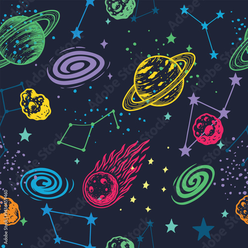 Seamless space pattern with planets, constellations, comets, stars, galaxies. Colorful cosmic background in cartoon style