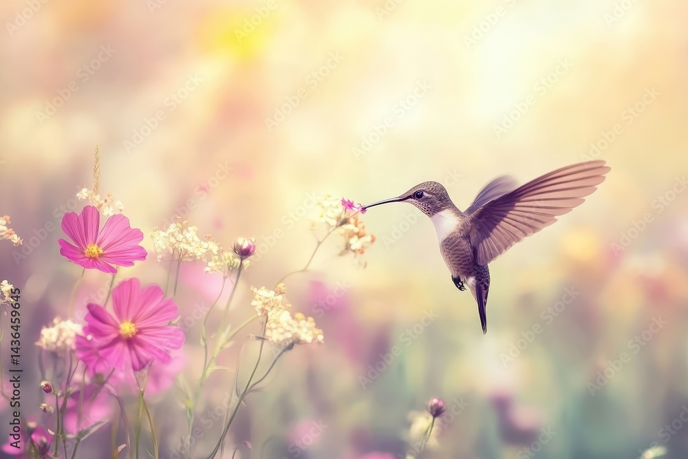 Fototapeta premium Hummingbird feeding on vibrant tropical flower in soft light