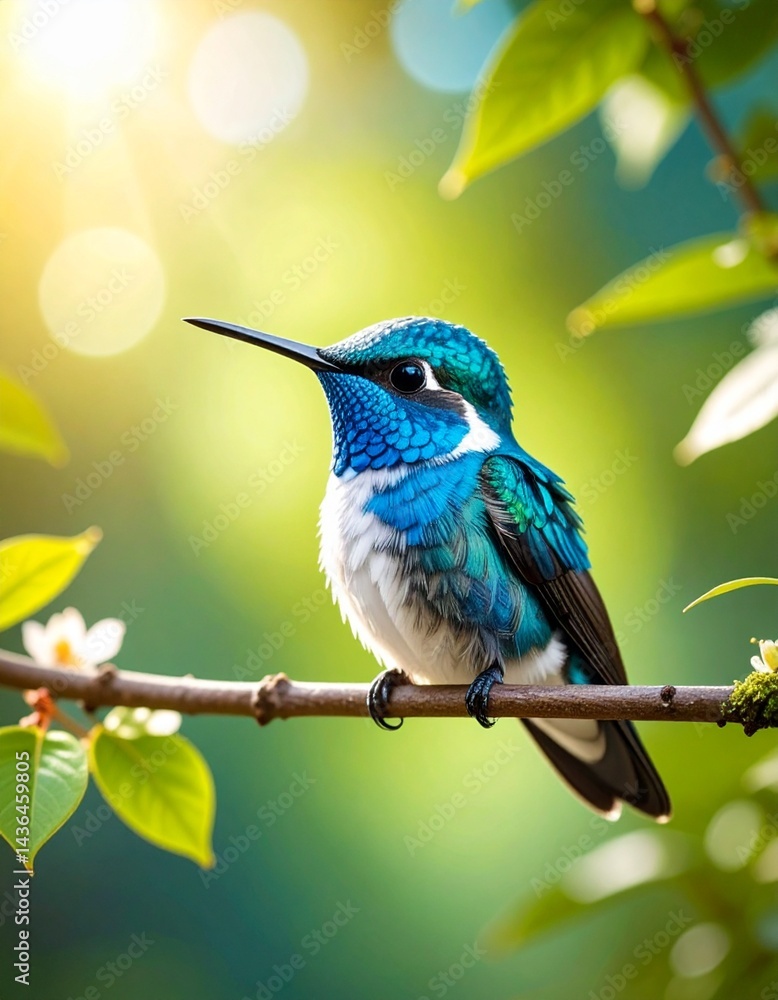 Fototapeta premium blue hummingbird. blurred forest background
