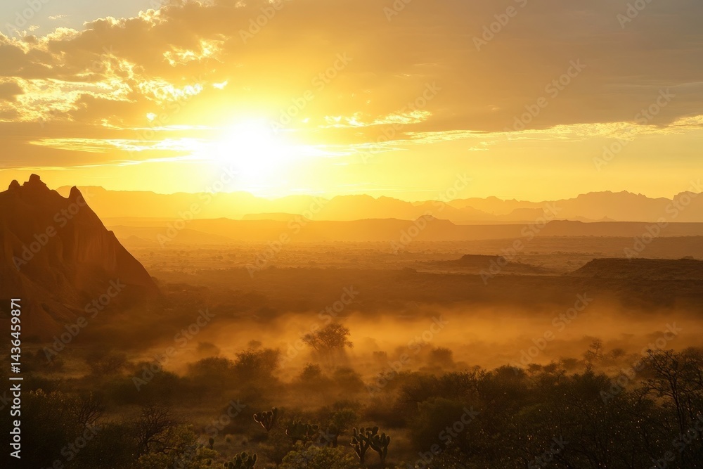Obraz premium Sunrise over desert with red rock formations and giraffes