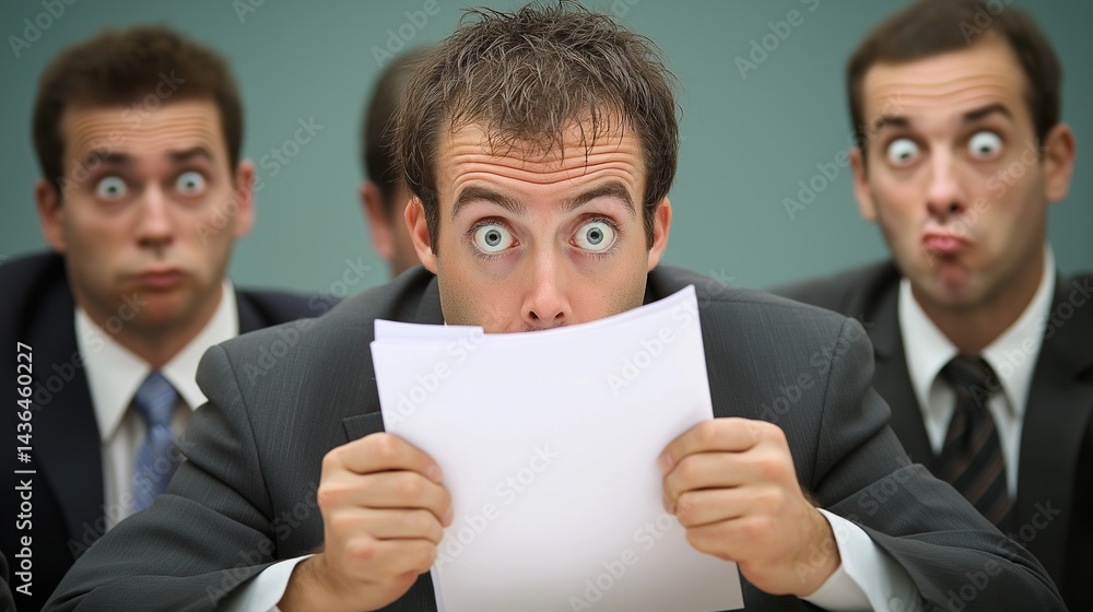 Business people sitting at desk, concerned expression while holding document with trade tariff details, office setting, professional atmosphere, corporate environment. Business people sitting at desk, concerned expression while holding document with trade tariff details, office setting, professional atmosphere, corporate environment.