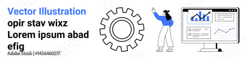 Female figure pointing at analytics dashboard on a computer, next to a large gear. Ideal for teamwork, strategy, collaboration, productivity, engineering, data analysis, simple landing page