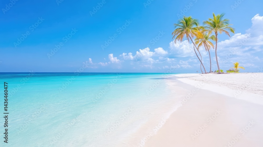 Fototapeta premium Pristine tropical beach scene. Tranquil turquoise water laps gently onto a pristine white sand shore. Palm trees stand sentinel against a vivid blue sky, dotted with fluffy white clouds