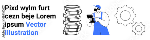 Factory operator using tablet to oversee operations next to coin stacks and gears. Ideal for automation, manufacturing, labor, economy, production efficiency, financial growth, simple landing page