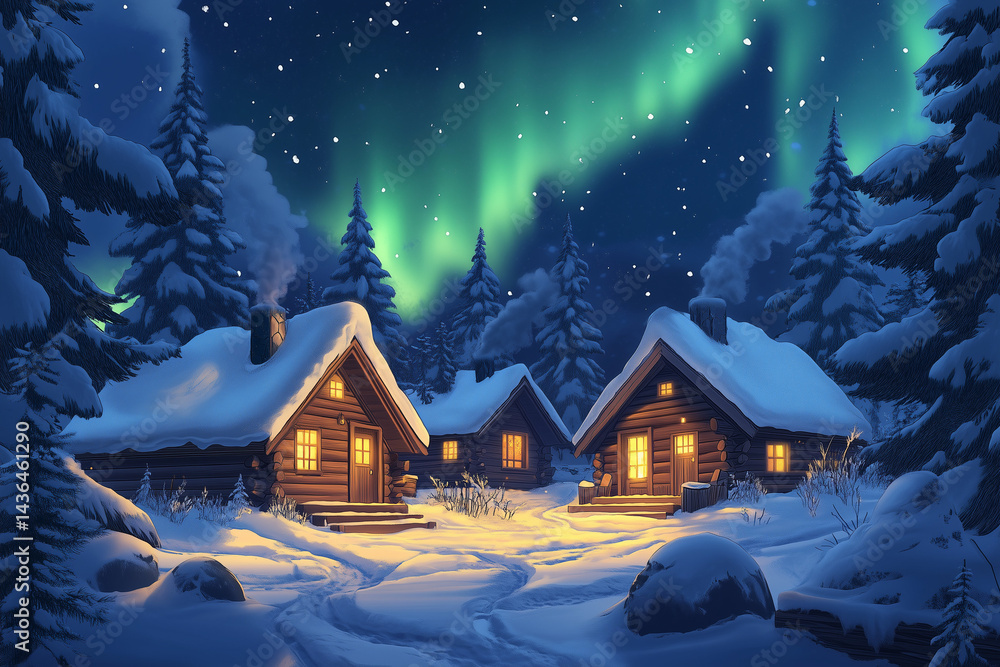 Naklejka premium Snow-covered cabins glowing under the Northern Lights in a peaceful winter wonderland