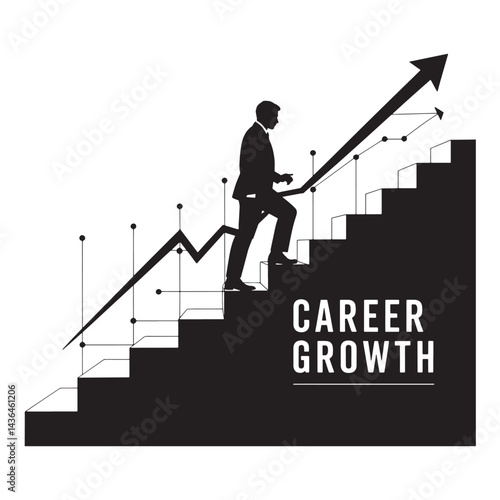 A businessman running up a growth graph on stairs, symbolizing career success