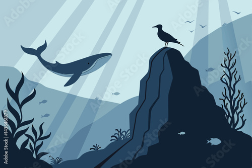 36 Ethereal underwater scene, majestic whale silhouette, lone seagull perched atop, misty blue tones, mysterious deep ocean, surreal marine landscape, vertical composition, dreamlike atmosphere, minim