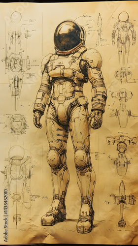 Detailed sketch of futuristic spacesuit accompanied by technical drawings of its components and a spacecraft