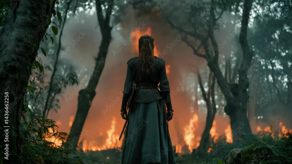 Mysterious Warrior Woman in Fiery Forest Setting Mysterious Warrior Woman in Fiery Forest Setting