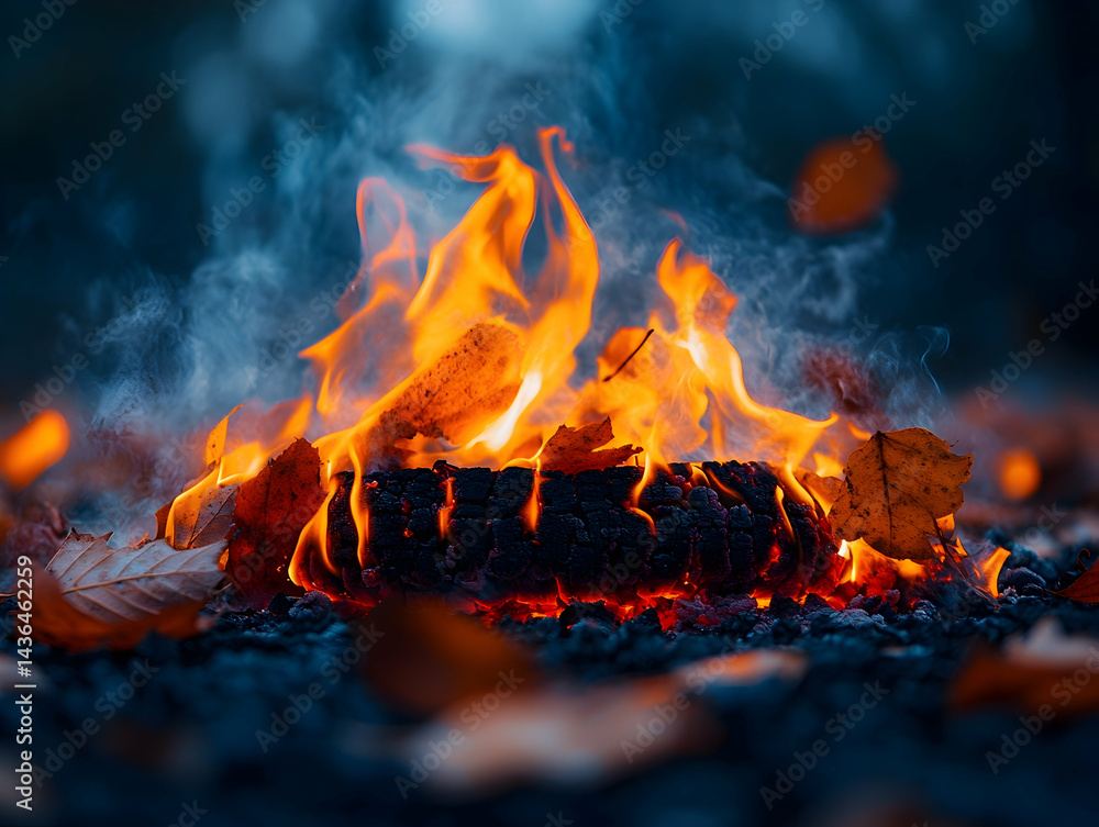 Fiery autumn leaves ablaze on smoldering embers smoke rising in the cool air Fiery autumn leaves ablaze on smoldering embers smoke rising in the cool air