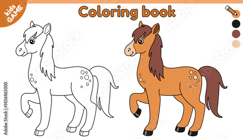 Page of kids coloring book with cartoon horse. Color the outline farm cute animal. Educational activity book for preschool and school children. Vector contour baby illustration.