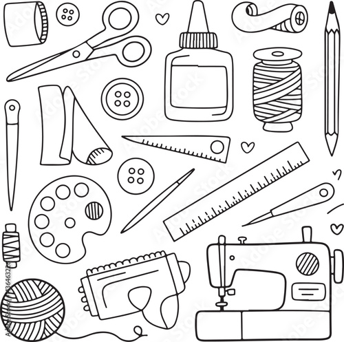 craft doodles scissors, glue bottle, yarn ball, needle and thread, paint palette, ruler, sewing machine, button, tape, pencil hand sketched vector style
