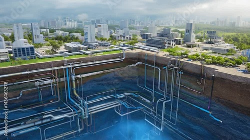 Underground utility network beneath a city.