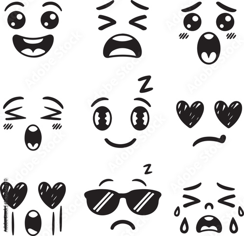 cute emotional doodle faces happy, sad, angry, surprised, sleepy, confused, heart eyes, cool with sunglasses, crying sketchy black and white

