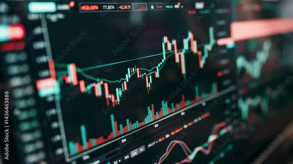 Financial trading chart display showing stock market candlestick graph with red and green indicators on dark monitor screen.