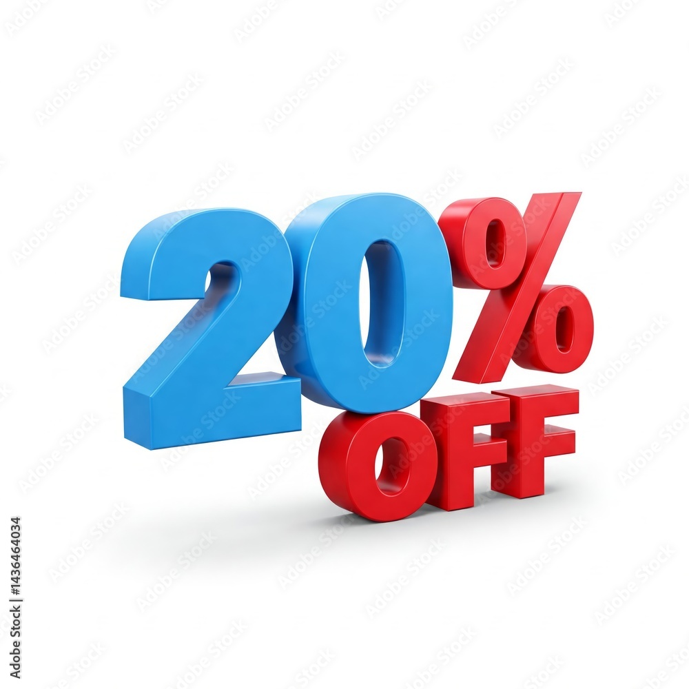 Promotion 20 off. Promotional offer of a 20 discount. In blue and red against a white background Promotion 20 off. Promotional offer of a 20 discount. In blue and red against a white background