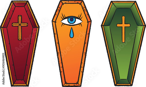 Bright coffin tattoo set with cross and crying eye. Old school gothic style, bold outlines and colors, isolated on white background