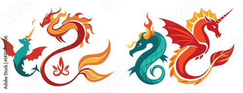 Elegant script with a dragon breathing fire on one side, a phoenix rising above, mermaid tails wrapping below, and a unicorn horn shining through