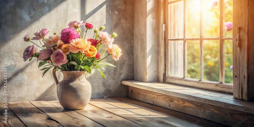 Sunlit Rustic Windowsill with Vibrant Spring Bouquet in Earthenware Vase
