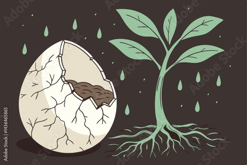 39 Plant seedling, cracked eggshell, exposed roots, soil ball, green leaves, water droplets, growth concept, macro photography, dark background, organic textures, symbolism of birth, environmental ima