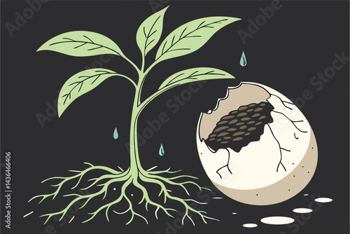 39 Plant seedling, cracked eggshell, exposed roots, soil ball, green leaves, water droplets, growth concept, macro photography, dark background, organic textures, symbolism of birth, environmental ima