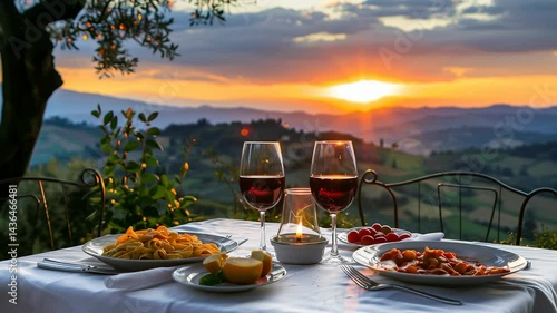 Italian dinner table with pasta, red wine, and tomato sauce dish overlooking Tuscan sunset landscape with rolling hills and cypress trees.