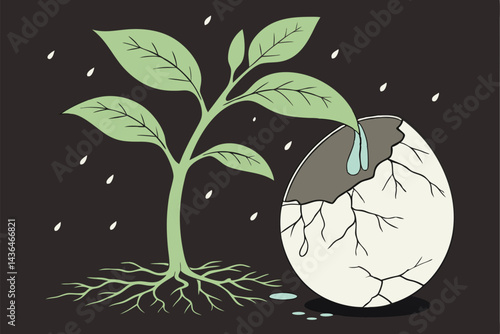 39 Plant seedling, cracked eggshell, exposed roots, soil ball, green leaves, water droplets, growth concept, macro photography, dark background, organic textures, symbolism of birth, environmental ima