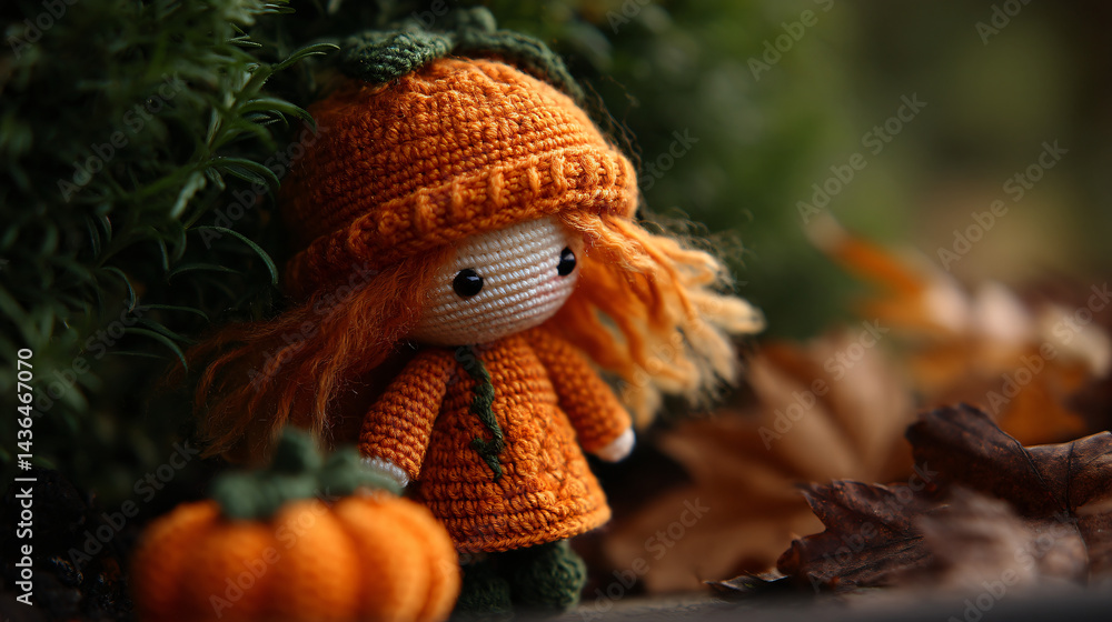 Naklejka premium Handmade crochet doll with a pumpkin for autumn decor
