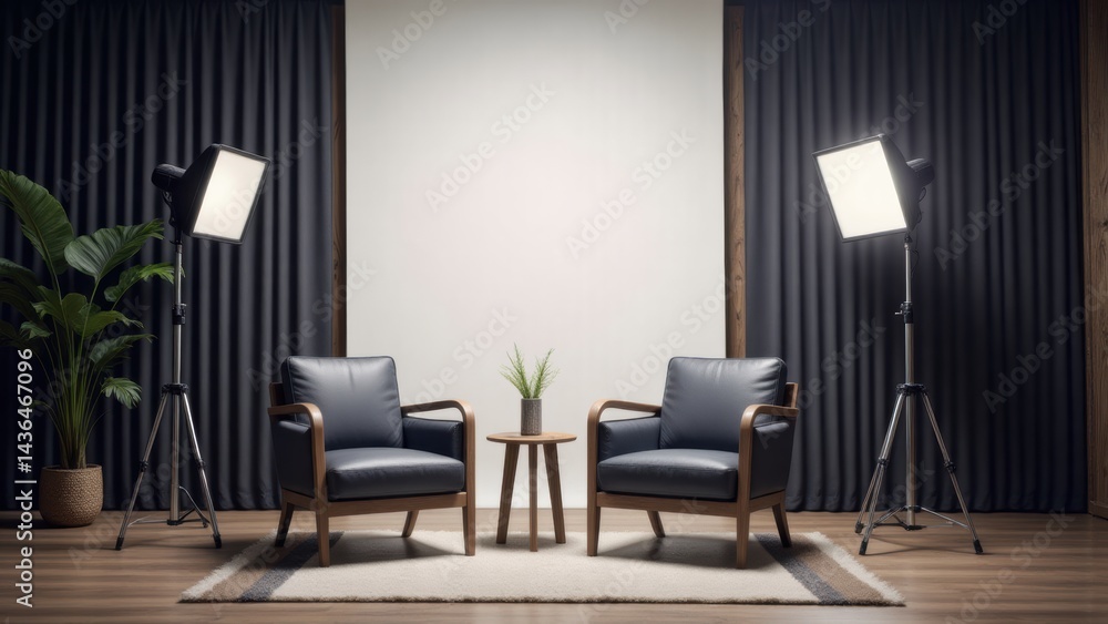 Podcast Studio Setup with Armchairs, Lights, and Backdrop for Interview or Conversation Podcast Studio Setup with Armchairs, Lights, and Backdrop for Interview or Conversation